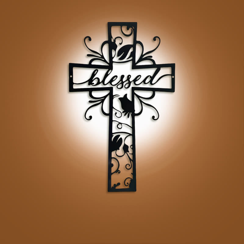 Christianartworkshop Gesegnetes Kreuz als Wanddekoration aus Metall: Blumenmotiv für ein gesegnetes Zuhause - 9,88''*15,75''/25,1*40cm - image 0