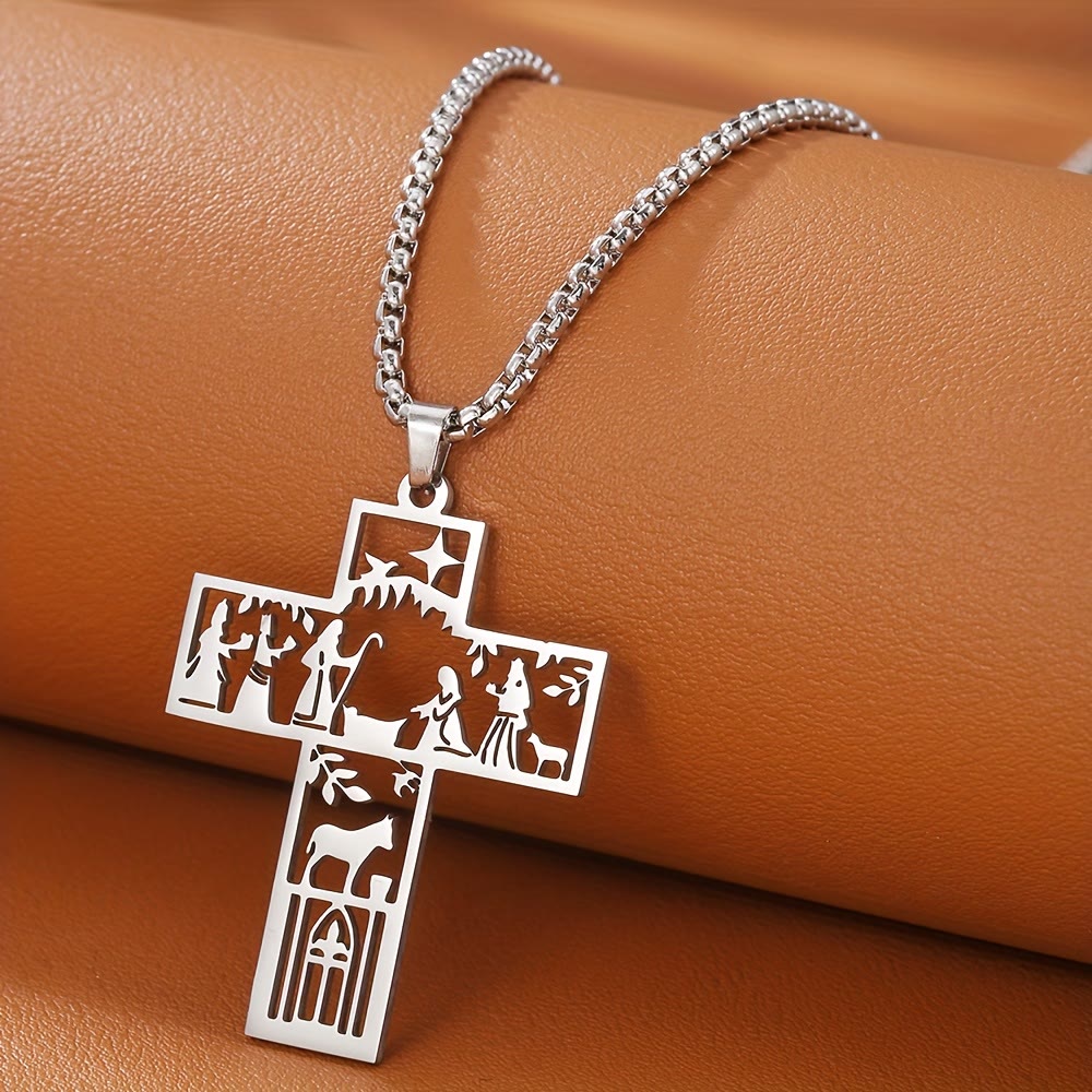 Kreuzkette mit Krippenmotiv von Christianartworkshop: Zeitloses Glaubenssymbol für Weihnachten - Silber - image 2
