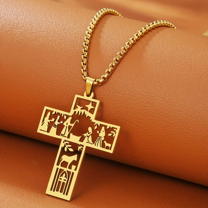 Kreuzkette mit Krippenmotiv von Christianartworkshop: Zeitloses Glaubenssymbol für Weihnachten - Golden - image 0