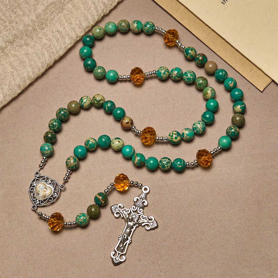 Rosenkranz „Frieden durch das Herz Mariens“ von Christianartworkshop in Türkis- und Bernsteintönen - image 4