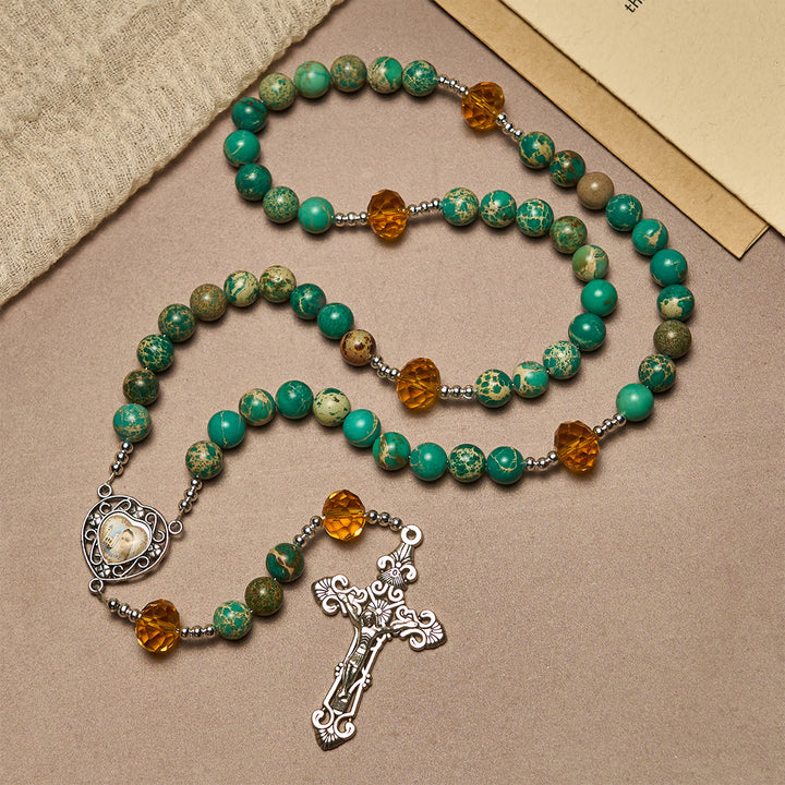 Rosenkranz „Frieden durch das Herz Mariens“ von Christianartworkshop in Türkis- und Bernsteintönen - image 4