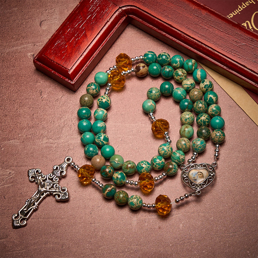 Rosenkranz „Frieden durch das Herz Mariens“ von Christianartworkshop in Türkis- und Bernsteintönen - image 1