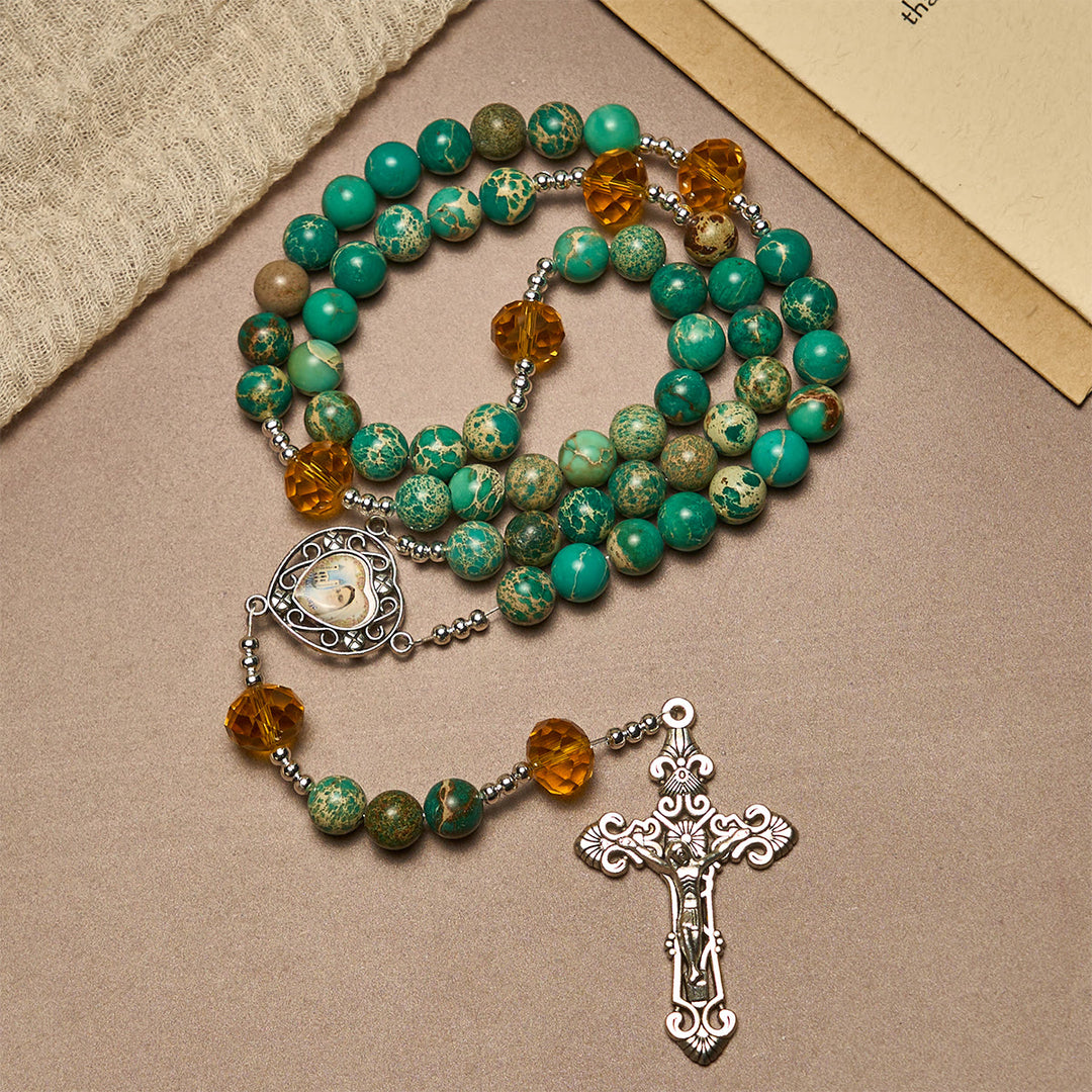 Rosenkranz „Frieden durch das Herz Mariens“ von Christianartworkshop in Türkis- und Bernsteintönen - image 3