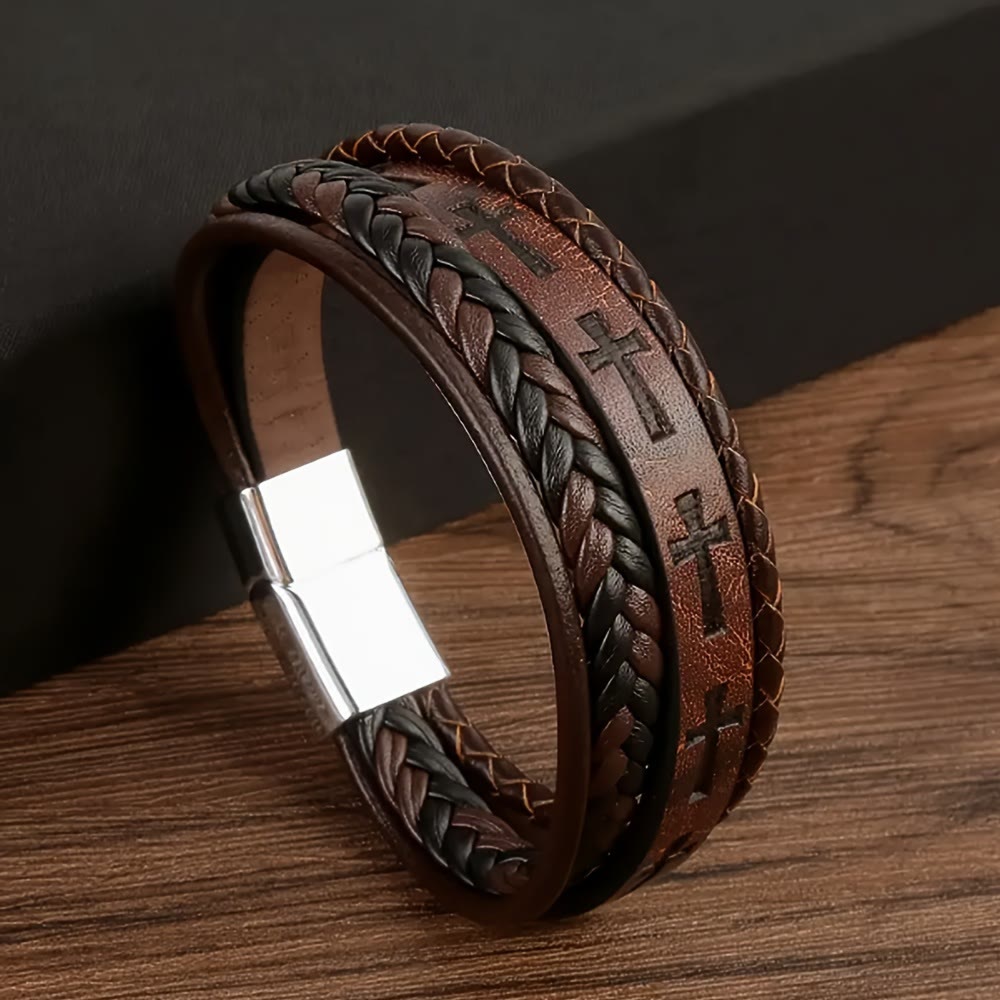 Christianartworkshop Geflochtenes Leder-Kreuzarmband: Robustes Glaubensbekenntnis für die tägliche Andacht - Braun - image 0