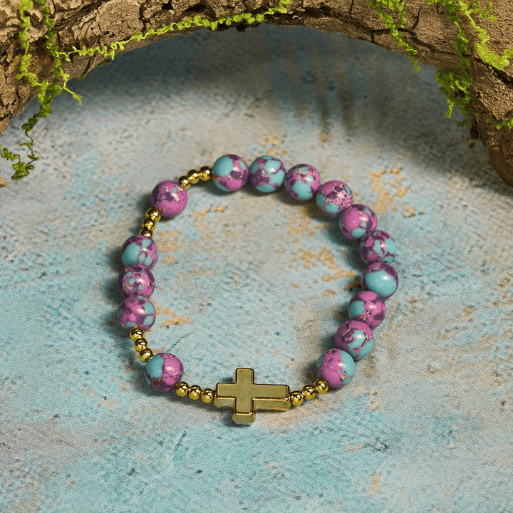 Christianartworkshop Lila Marienarmband aus Kaiserstein mit goldenem Kreuz: Andacht mit Stil - Handgelenkumfang: 14–17 cm - image 0