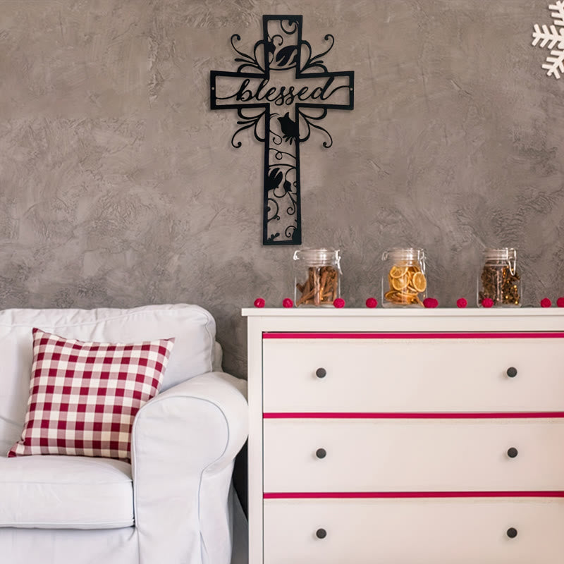 Christianartworkshop Gesegnetes Kreuz als Wanddekoration aus Metall: Blumenmotiv für ein gesegnetes Zuhause - image 2