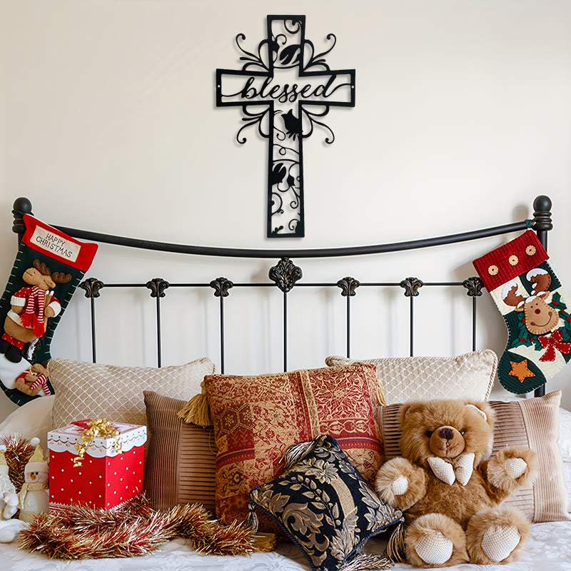 Christianartworkshop Gesegnetes Kreuz als Wanddekoration aus Metall: Blumenmotiv für ein gesegnetes Zuhause - image 1