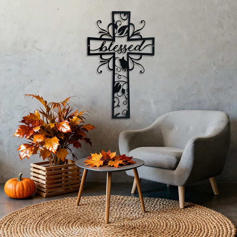 Christianartworkshop Gesegnetes Kreuz als Wanddekoration aus Metall: Blumenmotiv für ein gesegnetes Zuhause - image 3