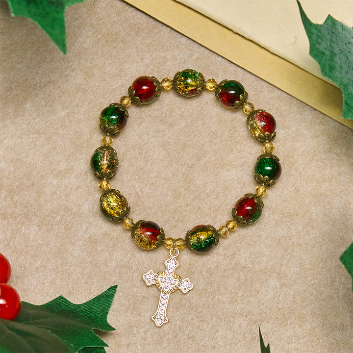 Christianartworkshop Weihnachtsschmuck-Armband aus rot-grün-goldenen Glasperlen: Glaube, der leuchtet - Handgelenkumfang: 14–17 cm - image 0