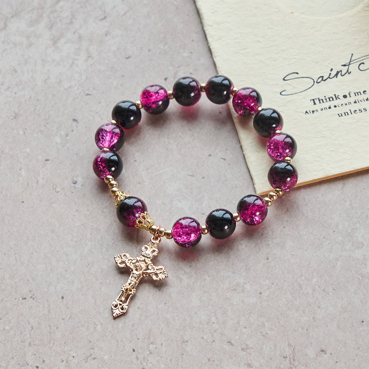 Christianartworkshop Armband „Gnade und Stärke“ aus schwarz-rosa Glasperlen mit goldenem Kreuz - image 3