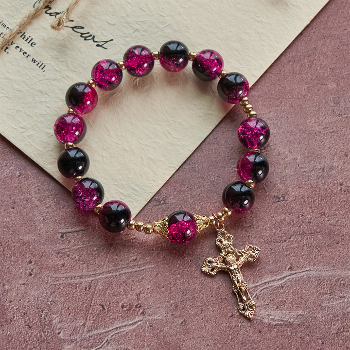 Christianartworkshop Armband „Gnade und Stärke“ aus schwarz-rosa Glasperlen mit goldenem Kreuz - Handgelenkumfang: 15–18 cm - image 0