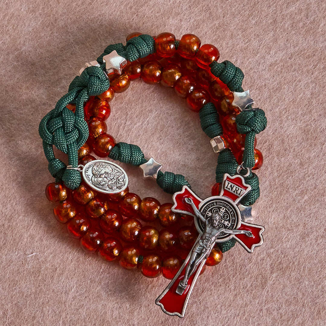 Christliche Rosenkranzkette aus bernsteinfarbenen Perlen und grünem Paracord mit Medaille der Heiligen Familie von Christianartworkshop - image 3