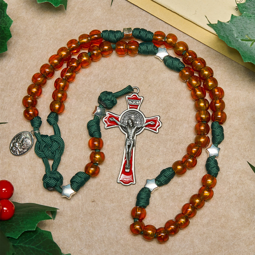 Christliche Rosenkranzkette aus bernsteinfarbenen Perlen und grünem Paracord mit Medaille der Heiligen Familie von Christianartworkshop - image 2