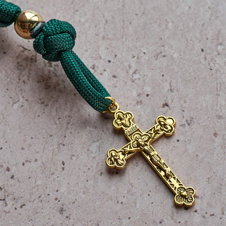 Christliche Rosenkranzkette aus bernsteinfarbenen Perlen und grünem Paracord mit Medaille der Heiligen Familie von Christianartworkshop - image 17