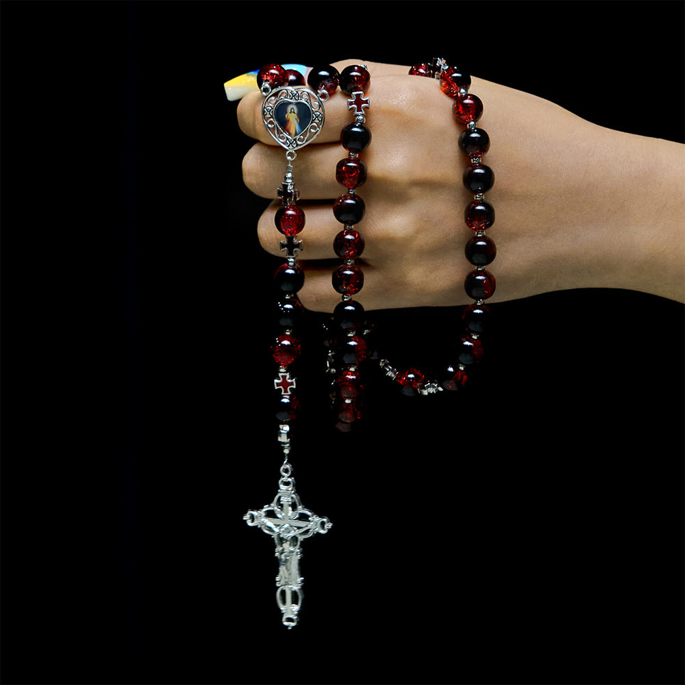 Christianartworkshop Rosenkranz der Göttlichen Barmherzigkeit aus schwarzen und roten Glasperlen, der das Leiden Christi symbolisiert - image 1