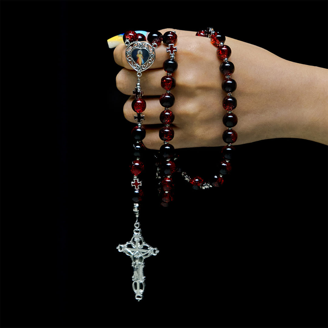 Christianartworkshop Rosenkranz der Göttlichen Barmherzigkeit aus schwarzen und roten Glasperlen, der das Leiden Christi symbolisiert - image 1