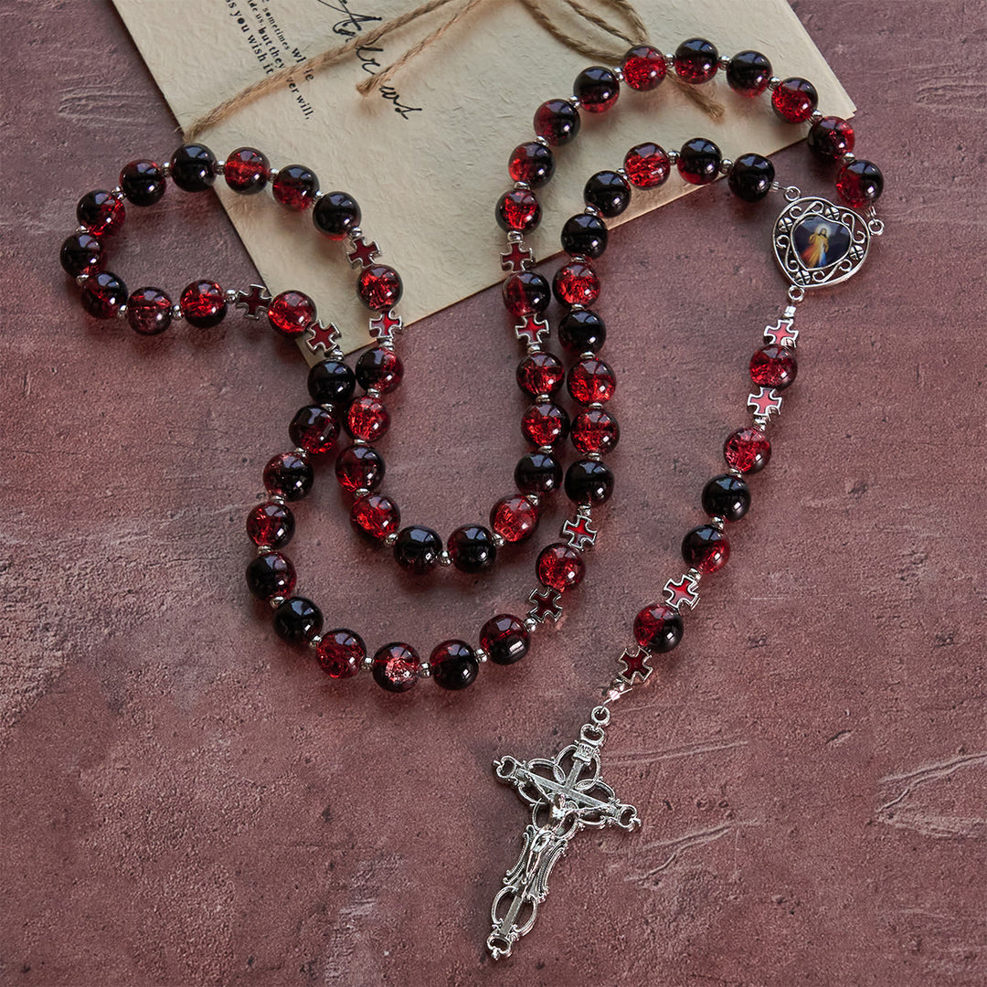 Christianartworkshop Rosenkranz der Göttlichen Barmherzigkeit aus schwarzen und roten Glasperlen, der das Leiden Christi symbolisiert - image 5