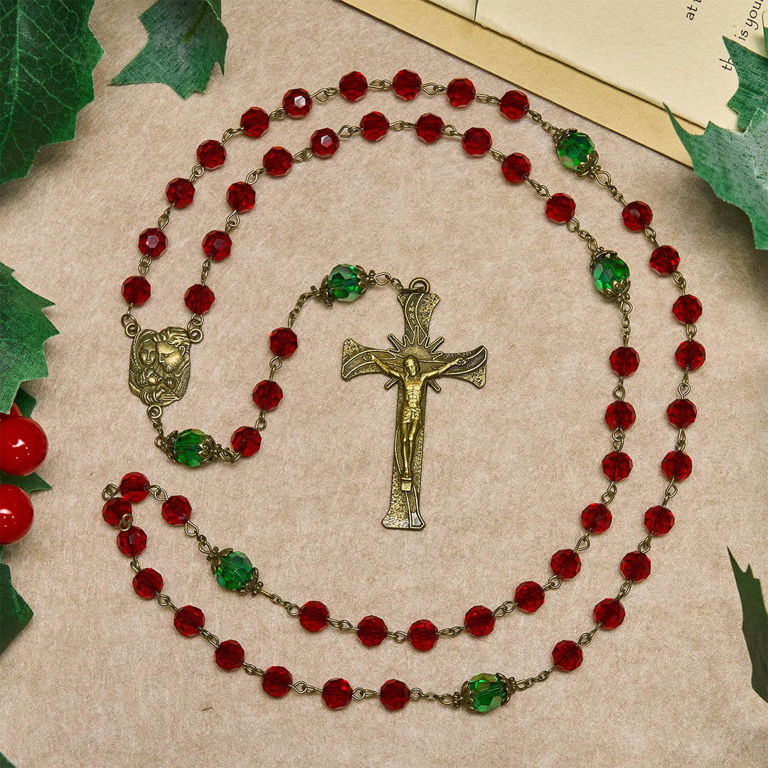 Christliche Kunstwerkstatt: Rosenkranz der Geburt Christi mit roten und grünen Perlen: Geführt von der Heiligen Familie - Weihnachtsrosenkranz - image 0