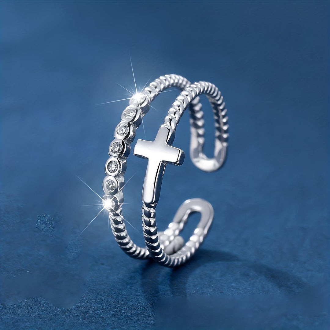 Christianartworkshop Doppelband-Kreuzring: Funkelnde Zirkonia und Glaubensbekenntnis für jeden Tag - Einstellbar - image 0