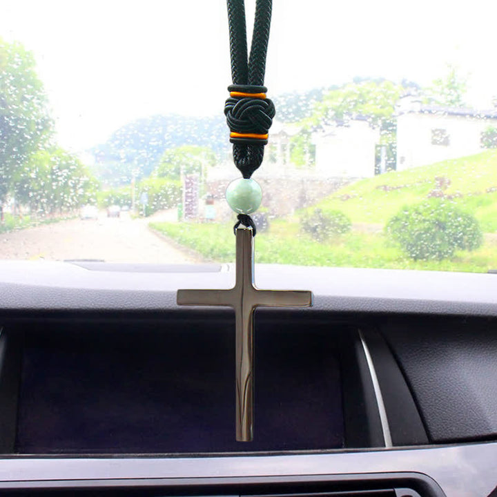 Christianartworkshop Minimalistischer dreifarbiger Kreuz-Autoanhänger: Spirituelle Sicherheit auf der Straße - Silbernes Kreuz - Schwarze Kordel - image 2