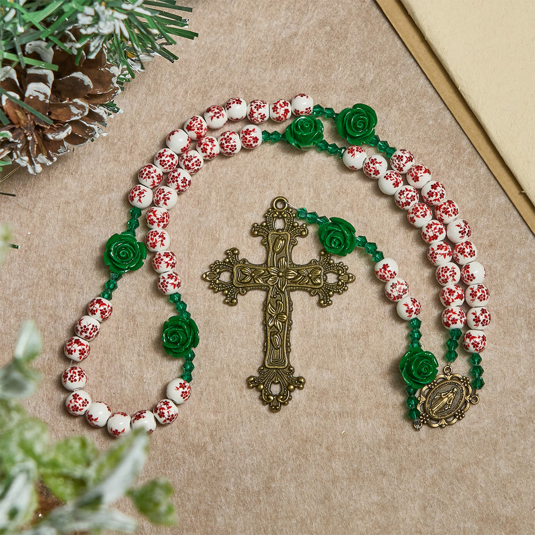 Rosenkranz aus roten Keramikperlen mit Blumenmuster und grüner Rose von Christianartworkshop: Der Garten der Liebe Mariens - image 5