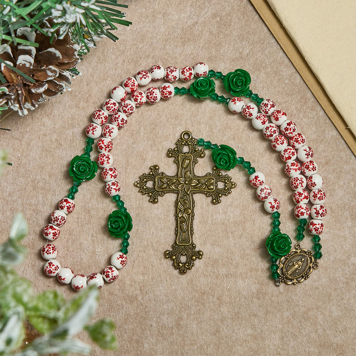 Rosenkranz aus roten Keramikperlen mit Blumenmuster und grüner Rose von Christianartworkshop: Der Garten der Liebe Mariens - image 5