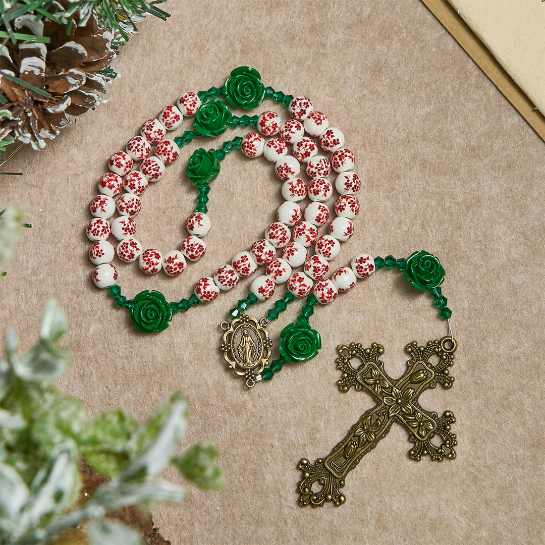 Rosenkranz aus roten Keramikperlen mit Blumenmuster und grüner Rose von Christianartworkshop: Der Garten der Liebe Mariens - image 4