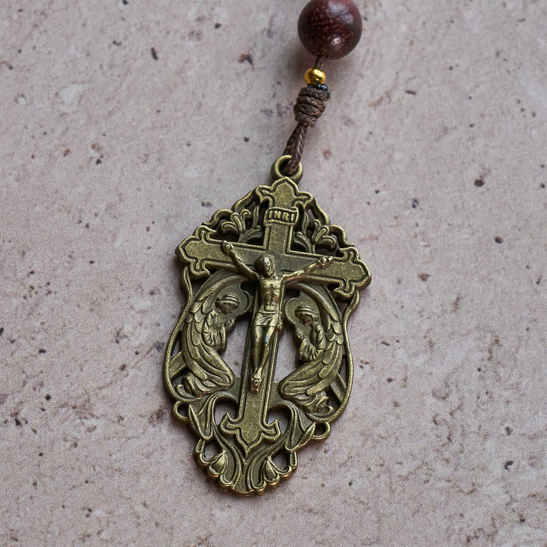 Christianartworkshop Rosenkranz „Heilige Harmonie“ aus weißem Bodhi-Holz und braunem Holz mit antiker Marienfigur - image 7