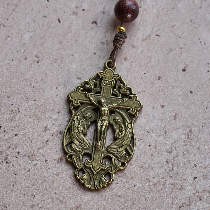 Christianartworkshop Rosenkranz „Heilige Harmonie“ aus weißem Bodhi-Holz und braunem Holz mit antiker Marienfigur - image 7
