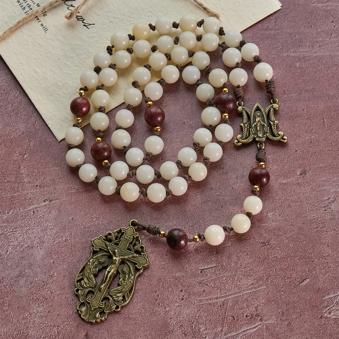 Christianartworkshop Rosenkranz „Heilige Harmonie“ aus weißem Bodhi-Holz und braunem Holz mit antiker Marienfigur - image 4
