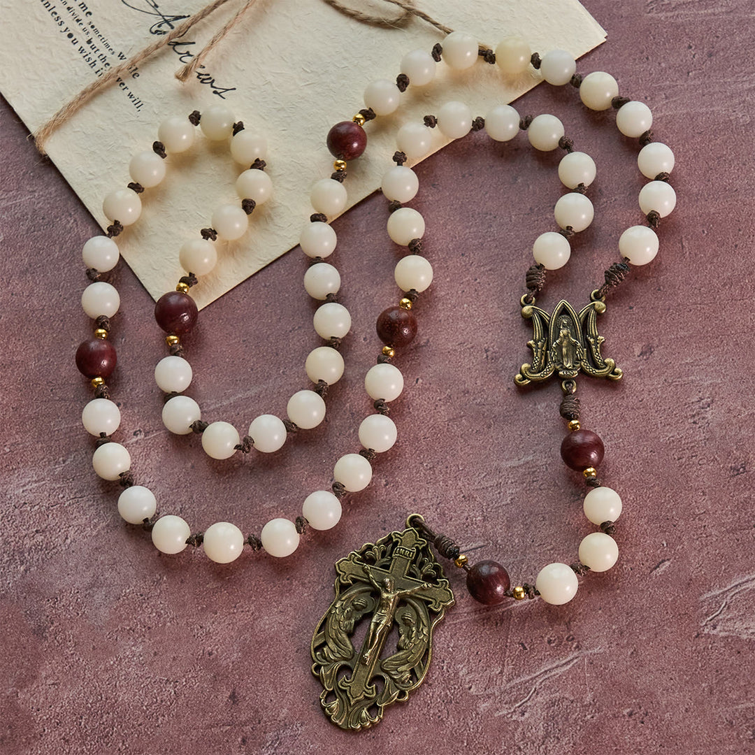 Christianartworkshop Rosenkranz „Heilige Harmonie“ aus weißem Bodhi-Holz und braunem Holz mit antiker Marienfigur - image 5