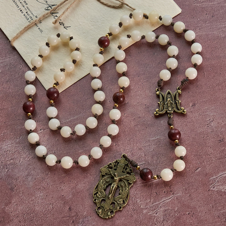 Christianartworkshop Rosenkranz „Heilige Harmonie“ aus weißem Bodhi-Holz und braunem Holz mit antiker Marienfigur - image 5