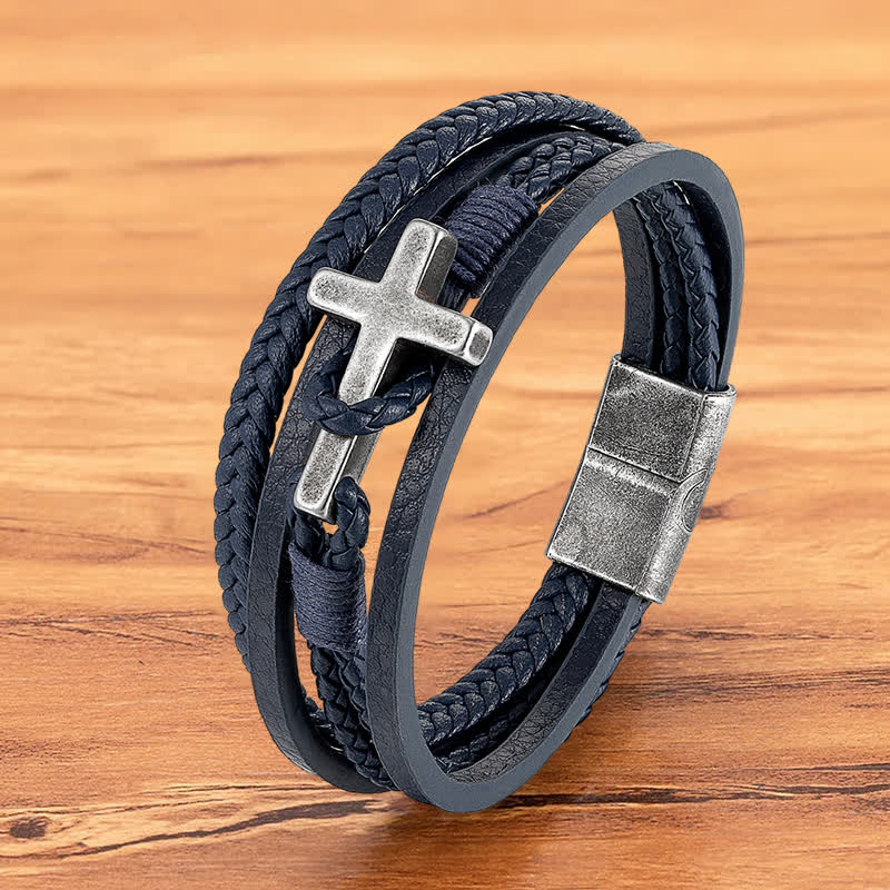 Christianartworkshop Dreifarbiges Edelstahl-Kreuz & geflochtenes Lederarmband - Retro Cross#Blau - 23 cm - image 14