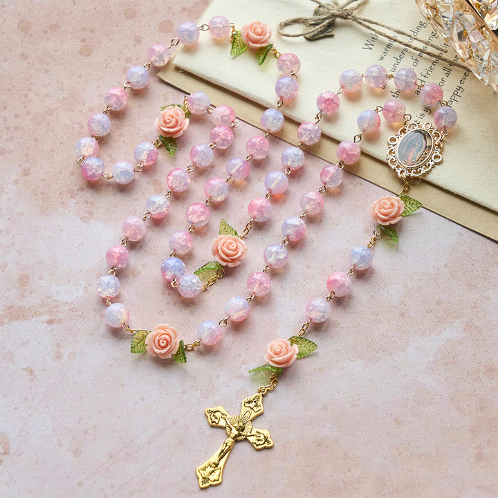 Christianartworkshop Jungfrau Maria mit Rosenkranz: Zeitloser Glaube & Blumensymbol des Glaubens - Rosa Rose mit Kruzifix - image 0