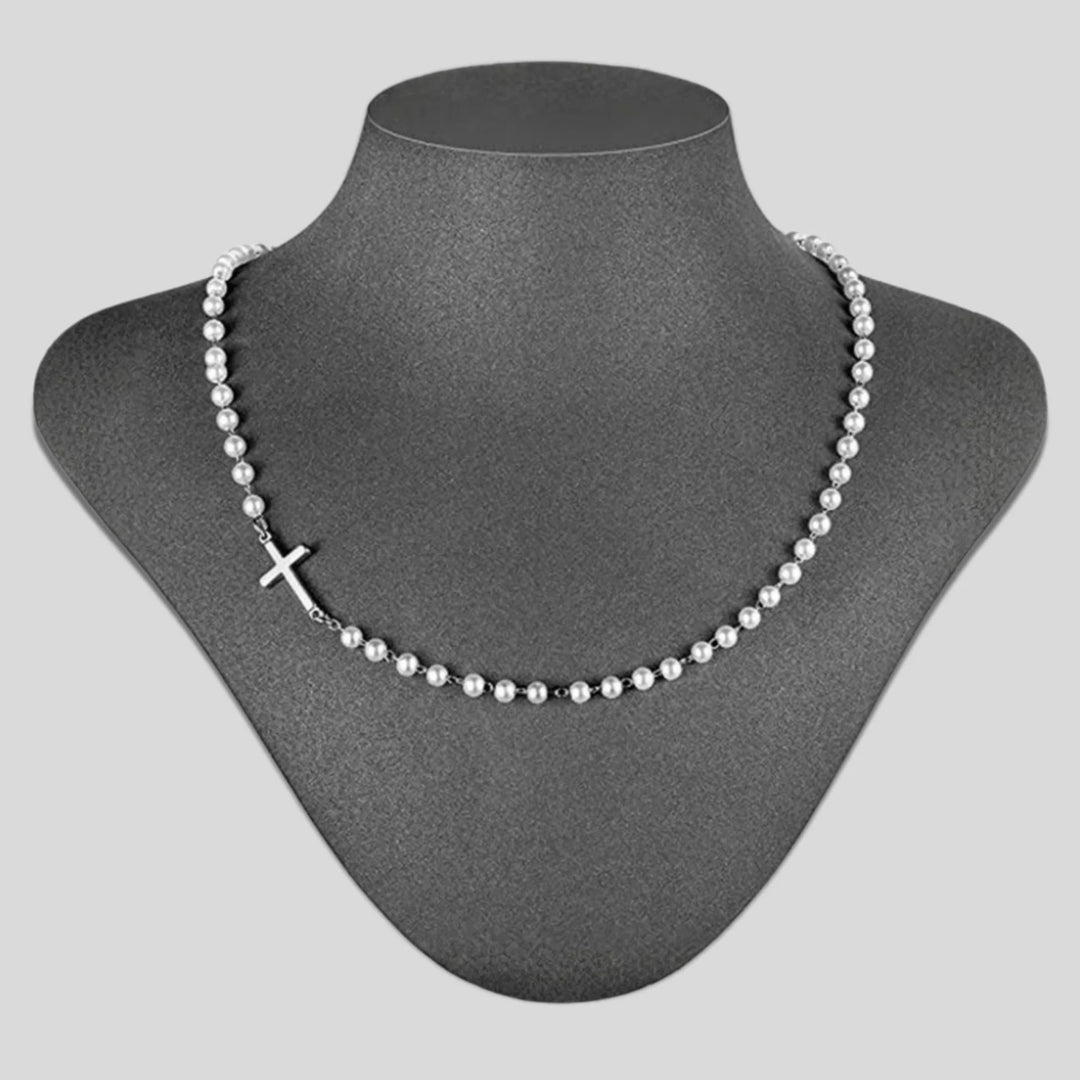Christianartworkshop Weiße Perlenkette mit Kreuz: Elegante Hingabe & Treue Gnade - Silber - image 3