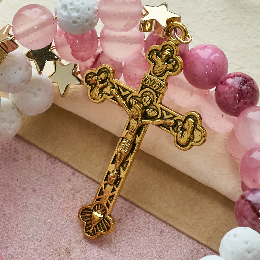 Rosenkranzarmband aus Gips und rosarotem Achat von Christianartworkshop: Andacht und himmlische Sanftheit - image 7