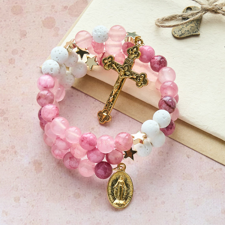 Rosenkranzarmband aus Gips und rosarotem Achat von Christianartworkshop: Andacht und himmlische Sanftheit - image 4
