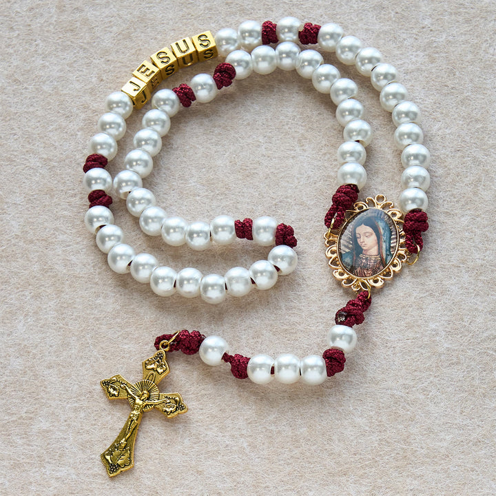 Christianartworkshop Eleganter weißer Rosenkranz nach Maß mit burgunderrotem Paracord und personalisierten JESUS-Buchstaben - image 5