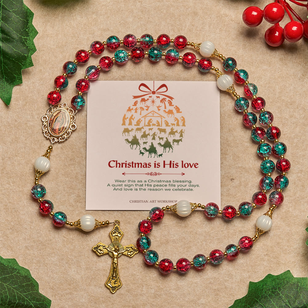 Weihnachtsgeschenk von Christianartworkshop: Rot-blauer Rosenkranz aus Glasperlen: Marienmedaille & verziertes Kreuz - Weihnachten ist seine Liebe - image 0