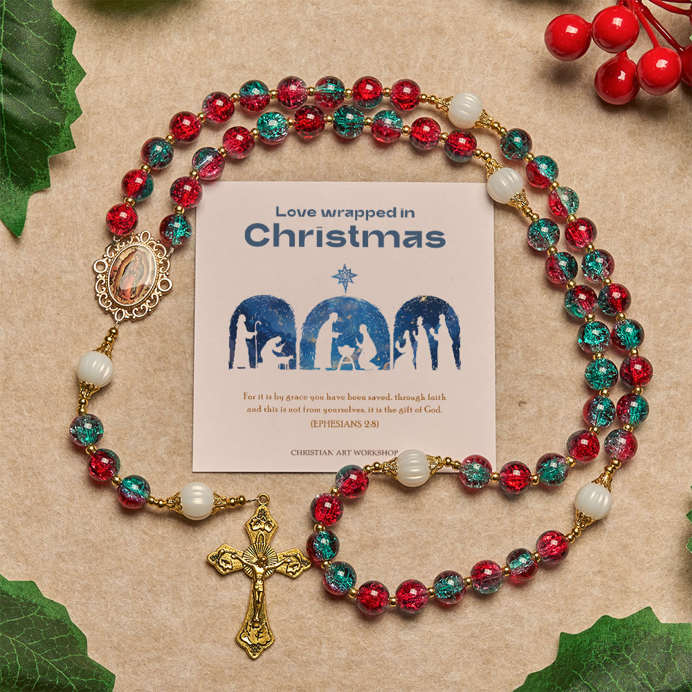Weihnachtsgeschenk von Christianartworkshop: Rot-blauer Rosenkranz aus Glasperlen: Marienmedaille & verziertes Kreuz - Liebe, verpackt in Weihnachten - image 1