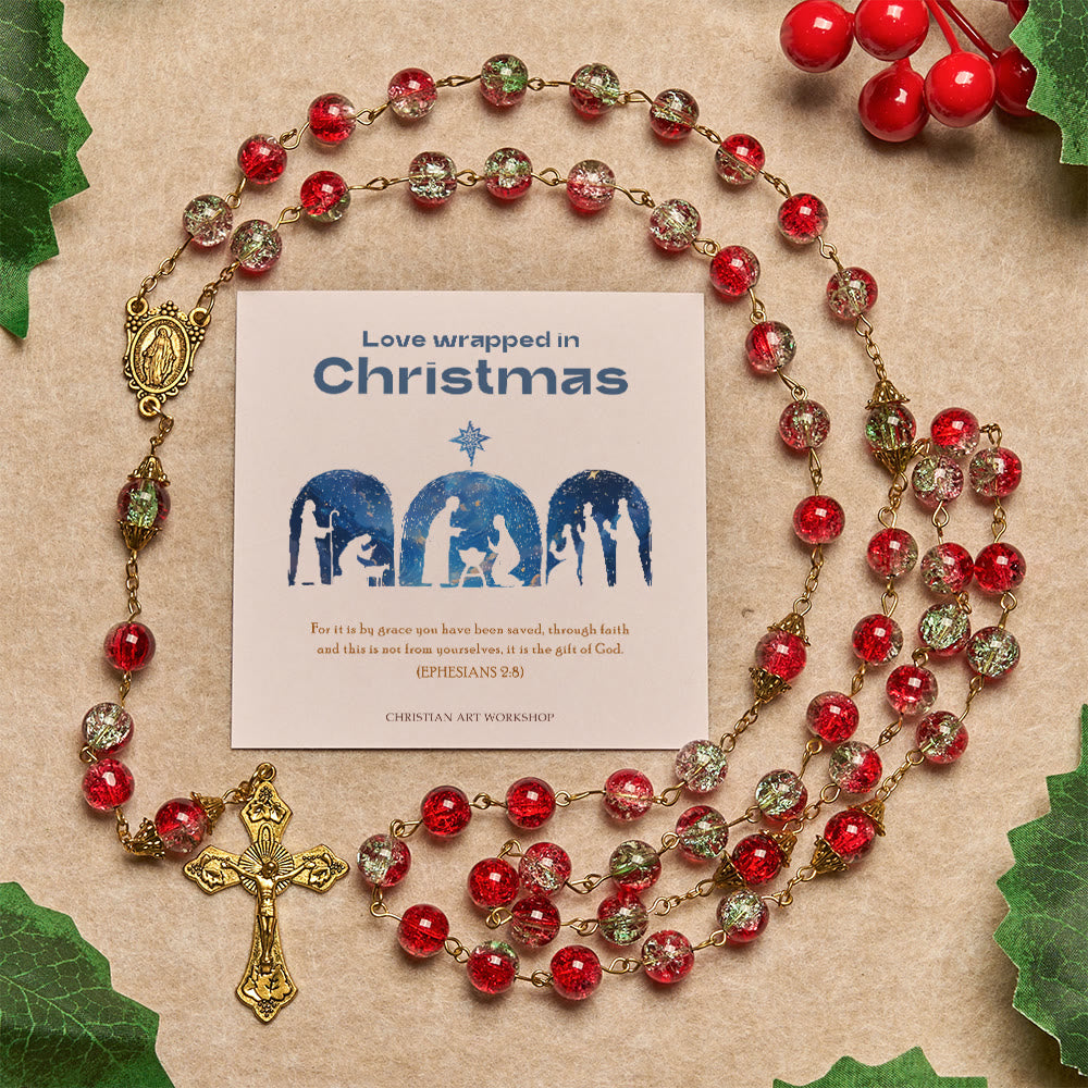 Weihnachtsgeschenk von Christianartworkshop: Weihnachtlicher Rosenkranz mit roten Perlen, goldenem Kruzifix und Madonnenmedaille - Liebe, verpackt in Weihnachten - image 1