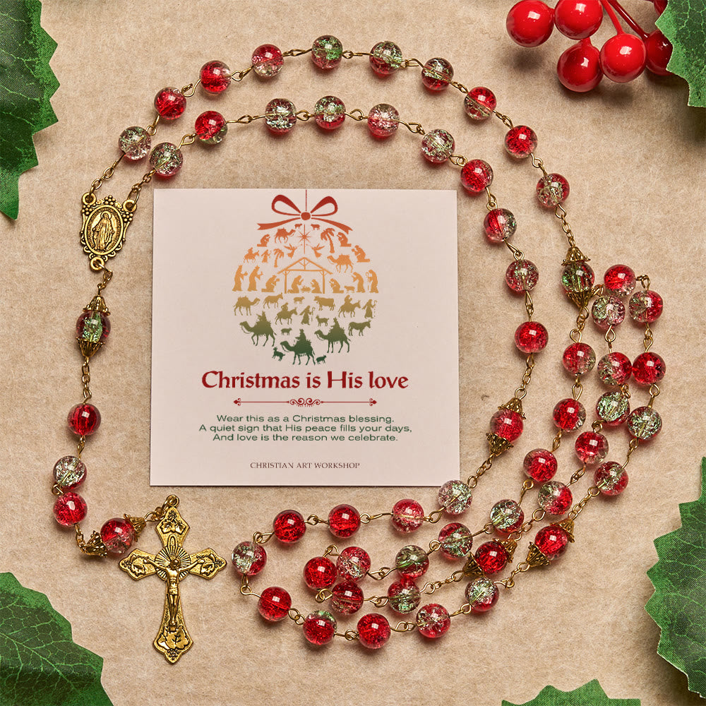 Weihnachtsgeschenk von Christianartworkshop: Weihnachtlicher Rosenkranz mit roten Perlen, goldenem Kruzifix und Madonnenmedaille - Weihnachten ist seine Liebe - image 3