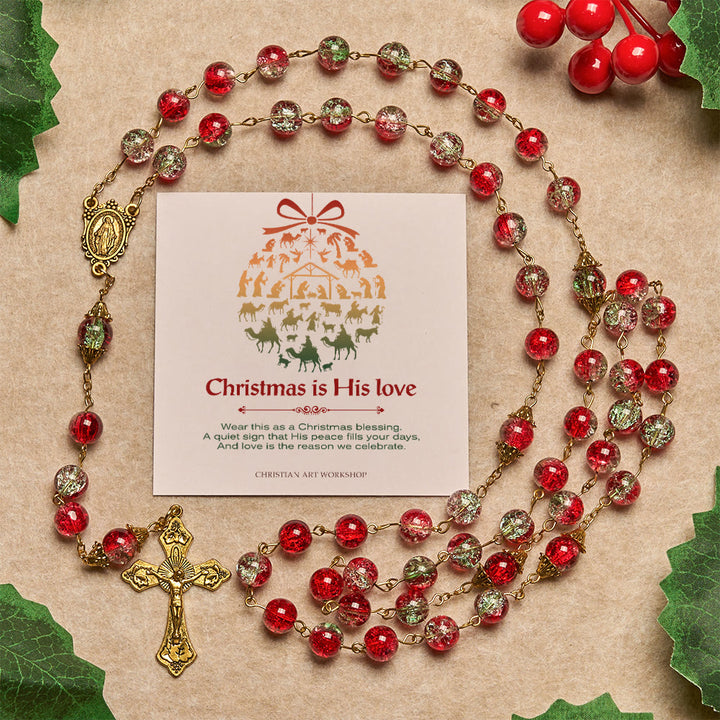 Weihnachtsgeschenk von Christianartworkshop: Weihnachtlicher Rosenkranz mit roten Perlen, goldenem Kruzifix und Madonnenmedaille - Weihnachten ist seine Liebe - image 3