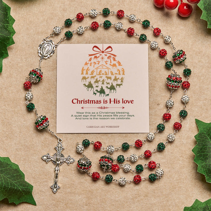Weihnachtsgeschenk von Christianartworkshop: Kristallbesetzter dreifarbiger Rosenkranz mit Wundermedaille und funkelnder Glamourösem Design - Weihnachten ist seine Liebe - image 0