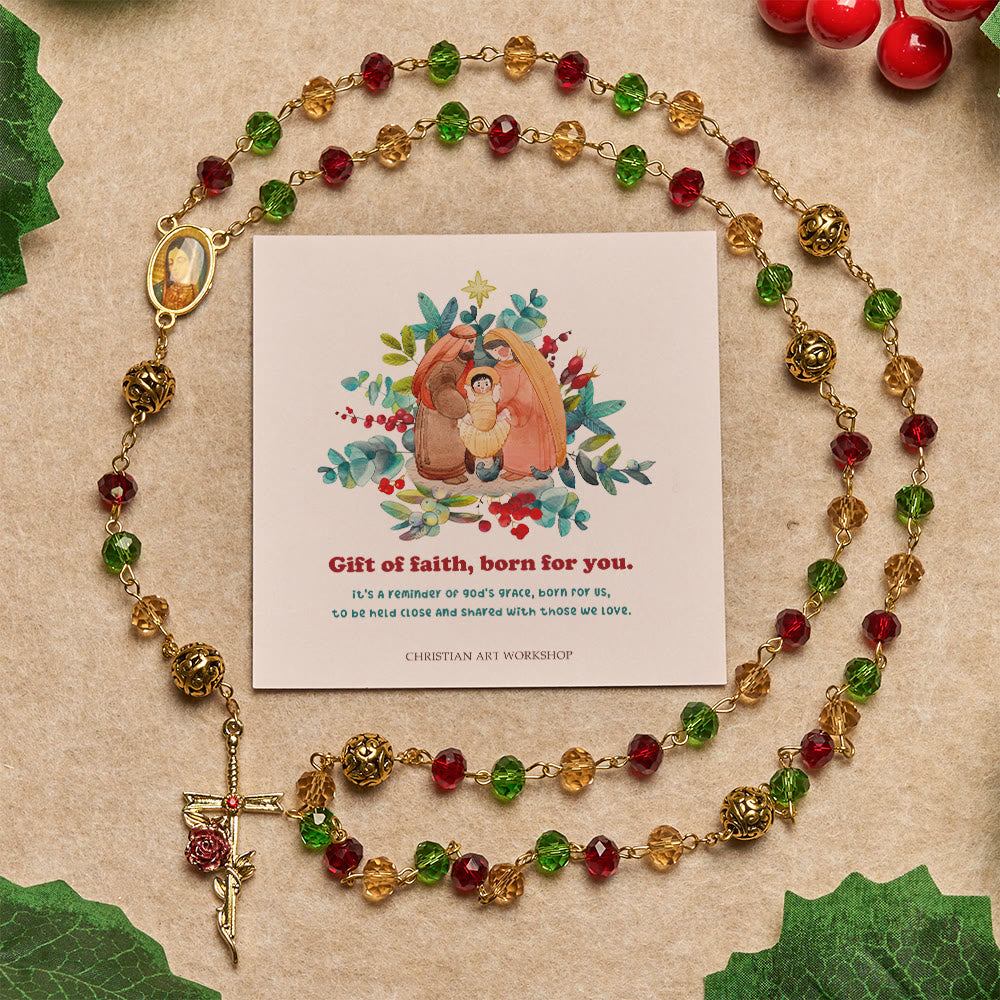 Weihnachtsgeschenk von Christianartworkshop: Vintage-Rosenkranz aus rot-grünen facettierten Perlen mit Kreuz der Muttergottes und der Rose - Ein Geschenk des Glaubens, das für dich geschaffen wurde - image 0