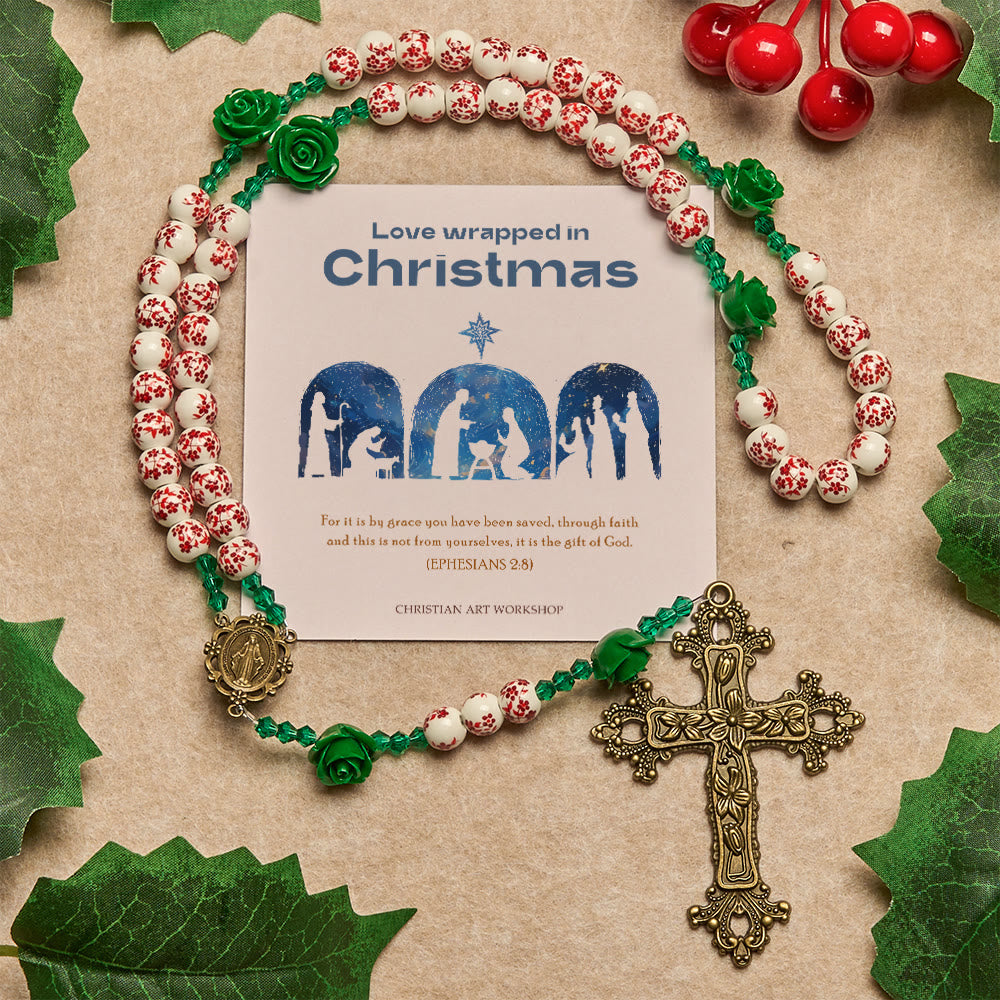 Weihnachtsgeschenk von Christianartworkshop: Rosenkranz aus roten Keramikperlen mit Blumenmuster und grüner Rose: Der Garten der Liebe Mariens - Liebe, verpackt in Weihnachten - image 0