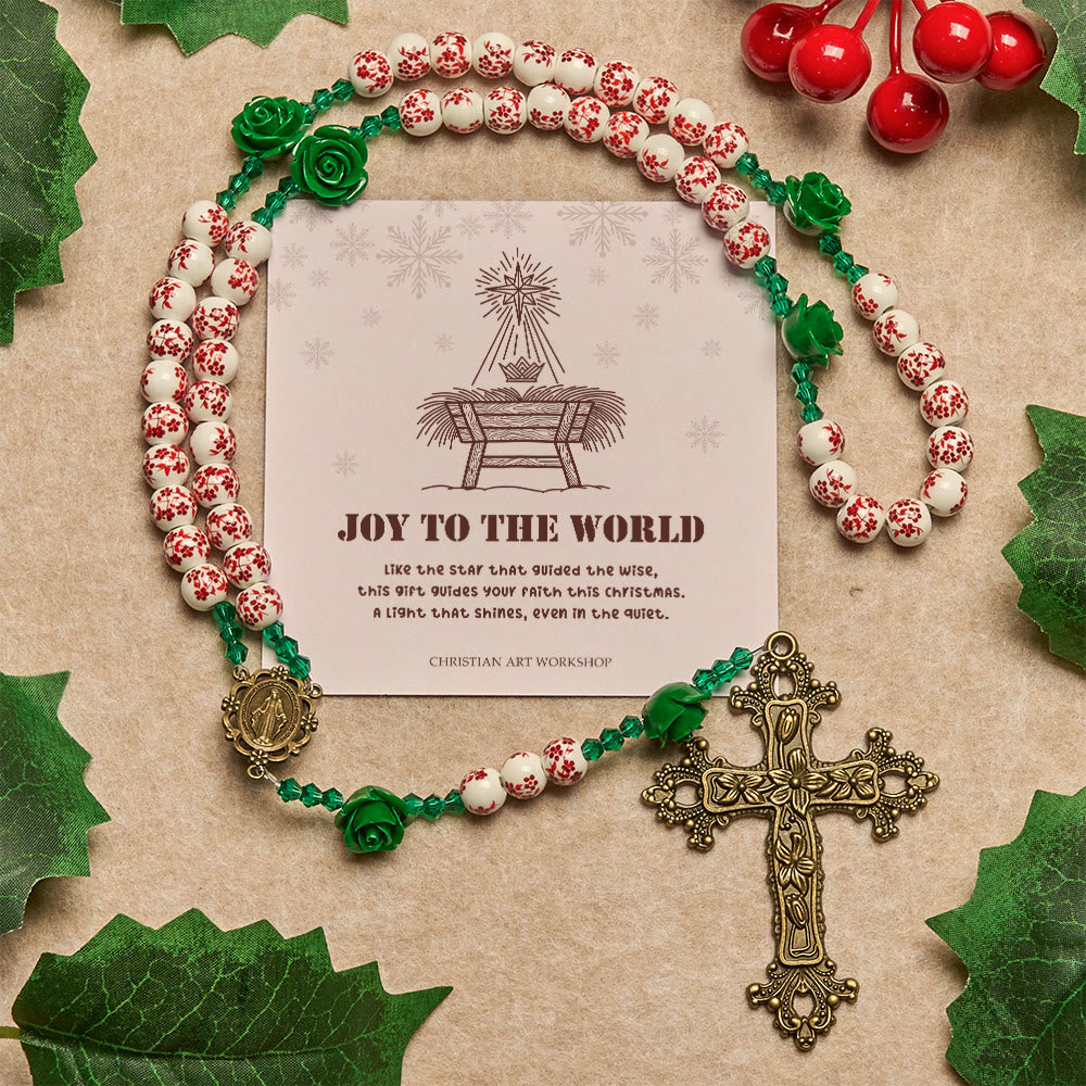 Weihnachtsgeschenk von Christianartworkshop: Rosenkranz aus roten Keramikperlen mit Blumenmuster und grüner Rose: Der Garten der Liebe Mariens - Freude der Welt - image 1