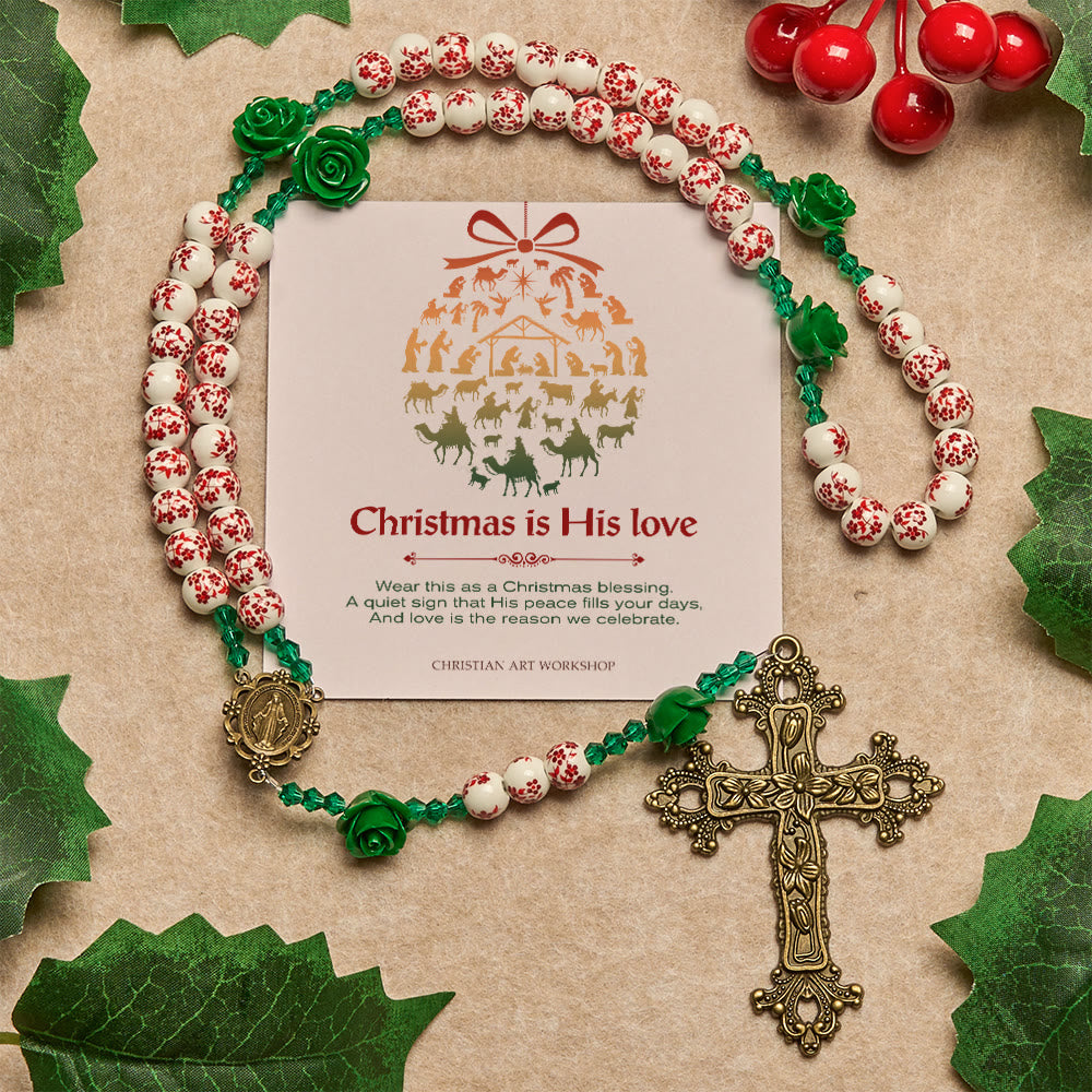 Weihnachtsgeschenk von Christianartworkshop: Rosenkranz aus roten Keramikperlen mit Blumenmuster und grüner Rose: Der Garten der Liebe Mariens - Weihnachten ist seine Liebe - image 2