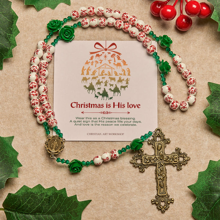 Weihnachtsgeschenk von Christianartworkshop: Rosenkranz aus roten Keramikperlen mit Blumenmuster und grüner Rose: Der Garten der Liebe Mariens - Weihnachten ist seine Liebe - image 2