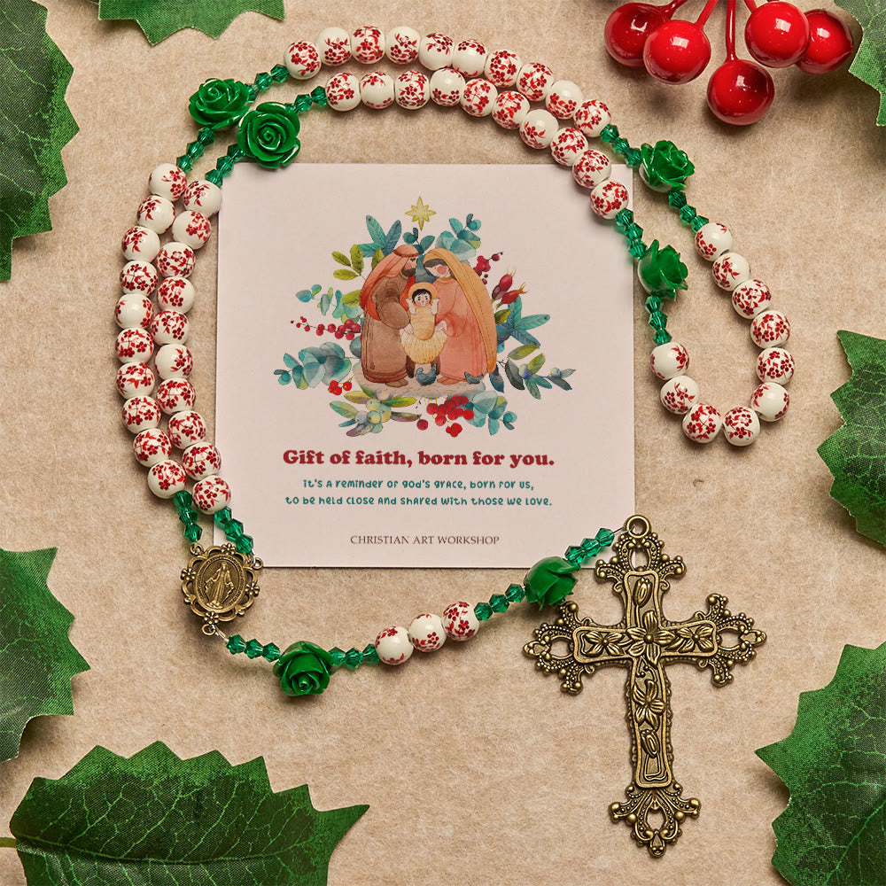 Weihnachtsgeschenk von Christianartworkshop: Rosenkranz aus roten Keramikperlen mit Blumenmuster und grüner Rose: Der Garten der Liebe Mariens - Ein Geschenk des Glaubens, das für dich geschaffen wurde - image 3